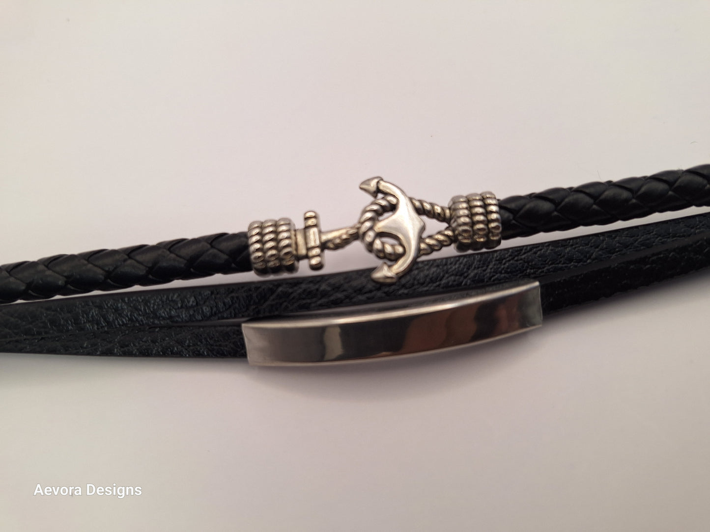 Personalized 3 layer Leather Medical Information Wristband Black