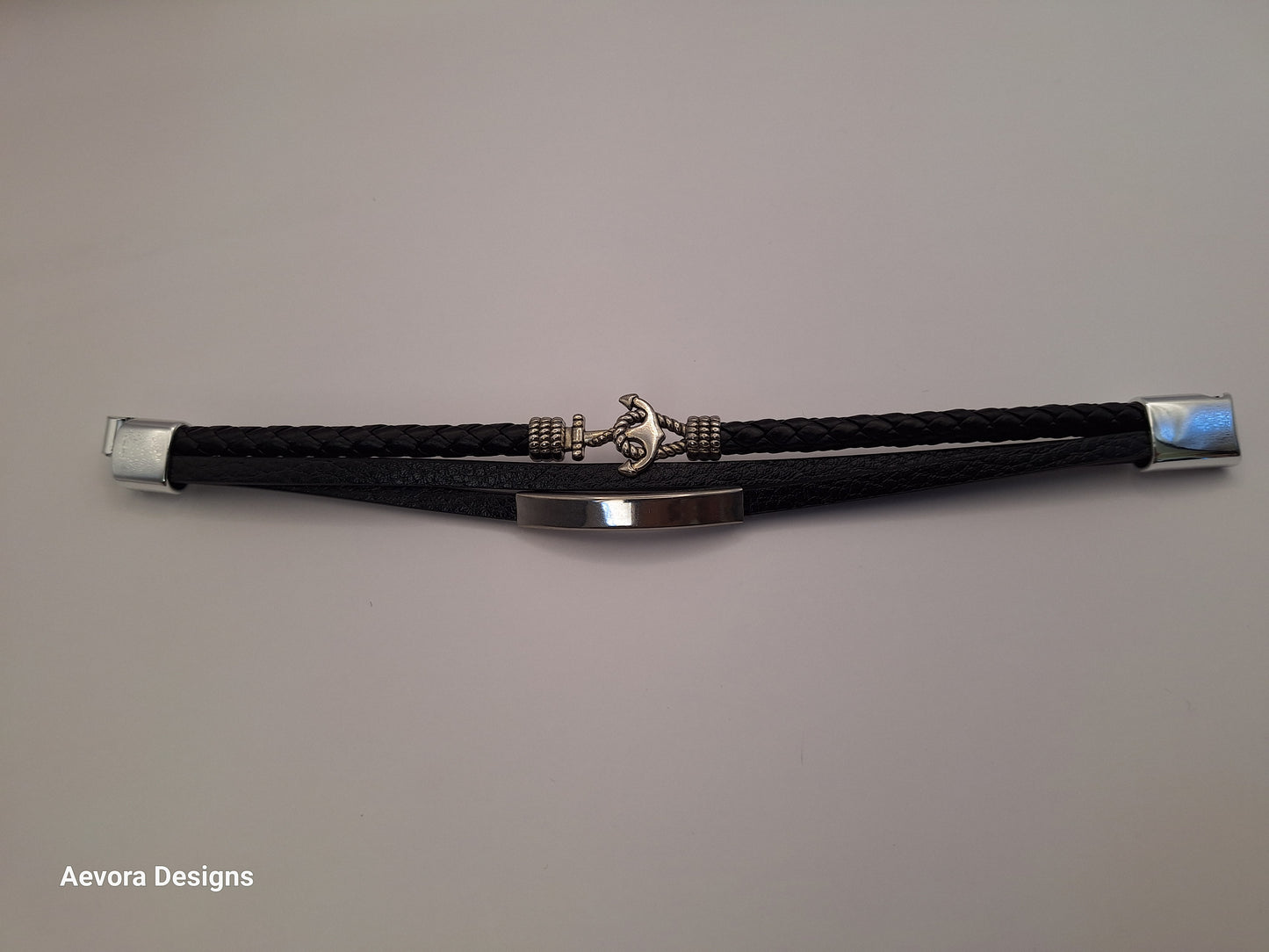 Personalized 3 layer Leather Medical Information Wristband Black