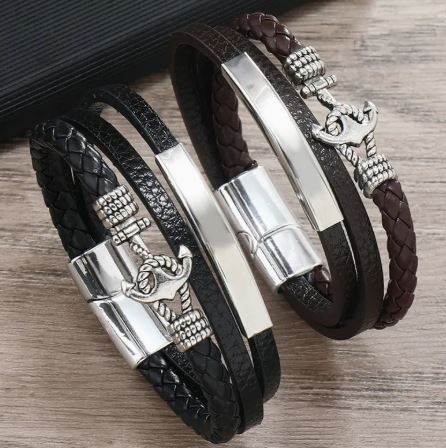 Personalized 3 layer Leather Medical Information Wristband Black