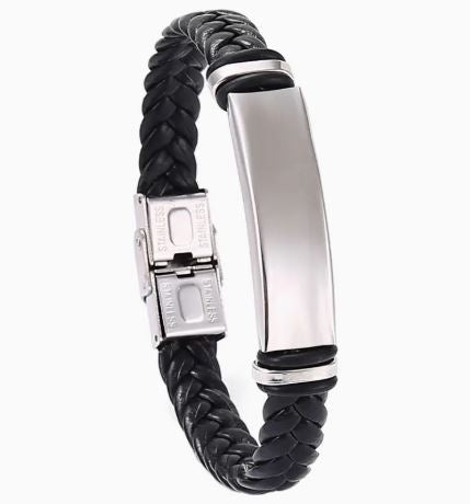 Personalized twist Leather Medical Information Wristband Black