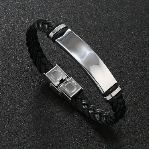 Personalized twist Leather Medical Information Wristband Black