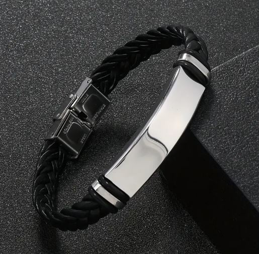 Personalized twist Leather Medical Information Wristband Black