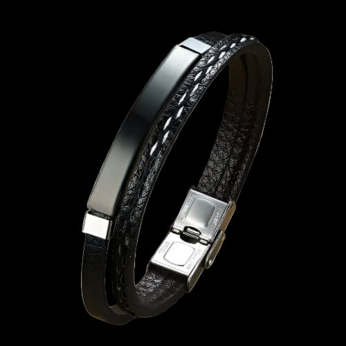 Personalized wave 2 layer Leather emergency Information Wristband Black - Aevora Designs Personalized wave 2 layer Leather emergency Information Wristband Black NZD Leather plate Aevora Designs LWPM004