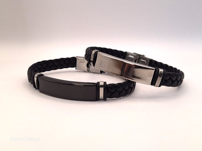 Personalized twist Leather Medical Information Wristband Black