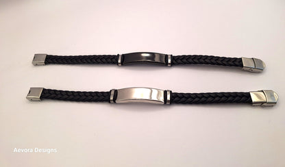 Personalized twist Leather Medical Information Wristband Black