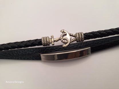 Personalized 3 layer Leather Medical Information Wristband Black