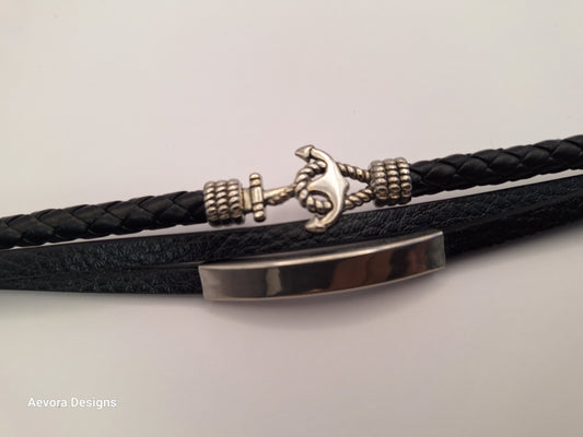 Personalized 3 layer Leather Medical Information Wristband Black