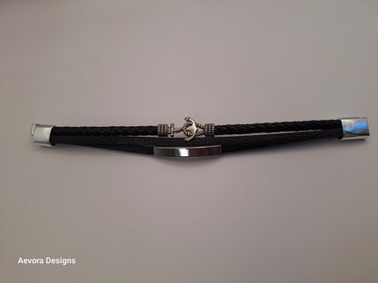 Personalized 3 layer Leather Medical Information Wristband Black