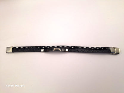 Personalized wave 2 layer Leather Medical Information Wristband Black