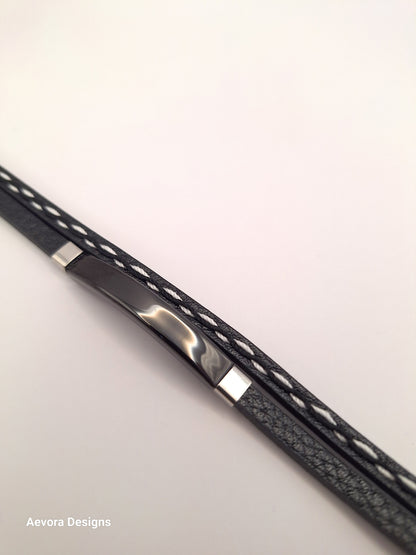 Personalized wave 2 layer Leather Medical Information Wristband Black