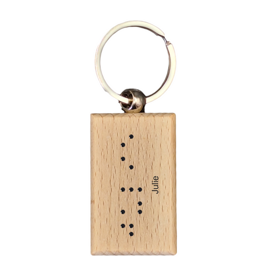 Personalized Wood Braille Keychain – With Custom family Image & Braille 3 letter