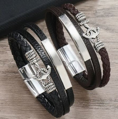 Personalized 3 layer Leather Medical Information Wristband Black