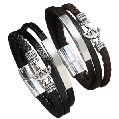 Personalized 3 layer Leather emergency Information Wristband Black - Aevora Designs Personalized 3 layer Leather emergency Information Wristband Black  NZD Leather Aevora Designs WB3LBPM003