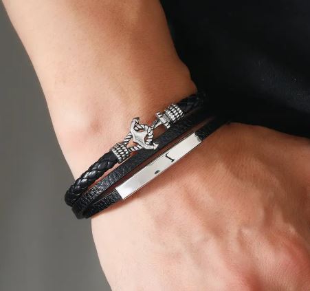 Personalized 3 layer Leather Medical Information Wristband Black