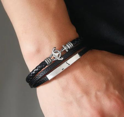 Personalized 3 layer Leather Medical Information Wristband Black