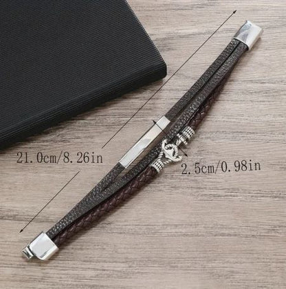 Personalized 3 layer Leather Medical Information Wristband Black