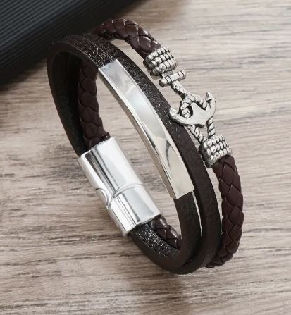 Personalized 3 layer Leather Medical Information Wristband Black