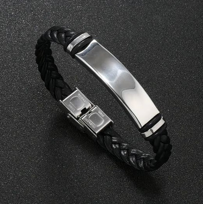 Personalized twist Leather Medical Information Wristband Black