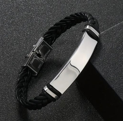 Personalized twist Leather Medical Information Wristband Black