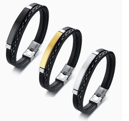 Personalized wave 2 layer Leather Medical Information Wristband Black