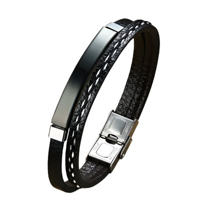 Personalized wave 2 layer Leather Medical Information Wristband Black