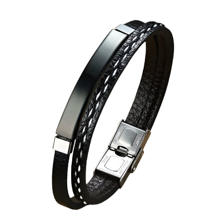 Personalized wave 2 layer Leather Medical Information Wristband Black