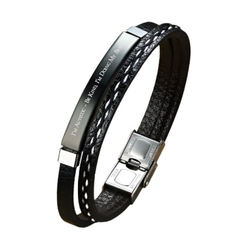 Personalized wave 2 layer Leather emergency Information Wristband Black - Aevora Designs Personalized wave 2 layer Leather emergency Information Wristband Black  NZD Leather plate Aevora Designs LWPM004
