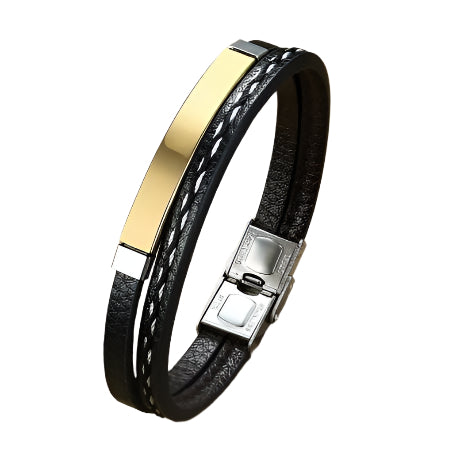 Personalized wave 2 layer Leather Medical Information Wristband Black