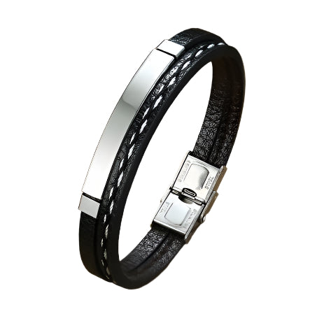 Personalized wave 2 layer Leather Medical Information Wristband Black