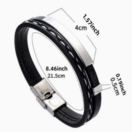 Personalized wave 2 layer Leather Medical Information Wristband Black