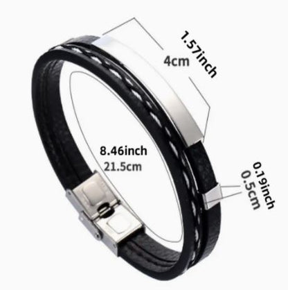 Personalized wave 2 layer Leather Medical Information Wristband Black