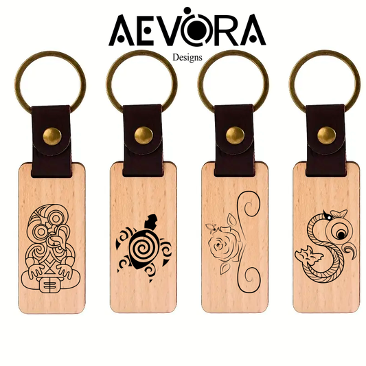 Personalized Wood Keychain with braille 6 letter text – With Leather Loop & Steel Ring