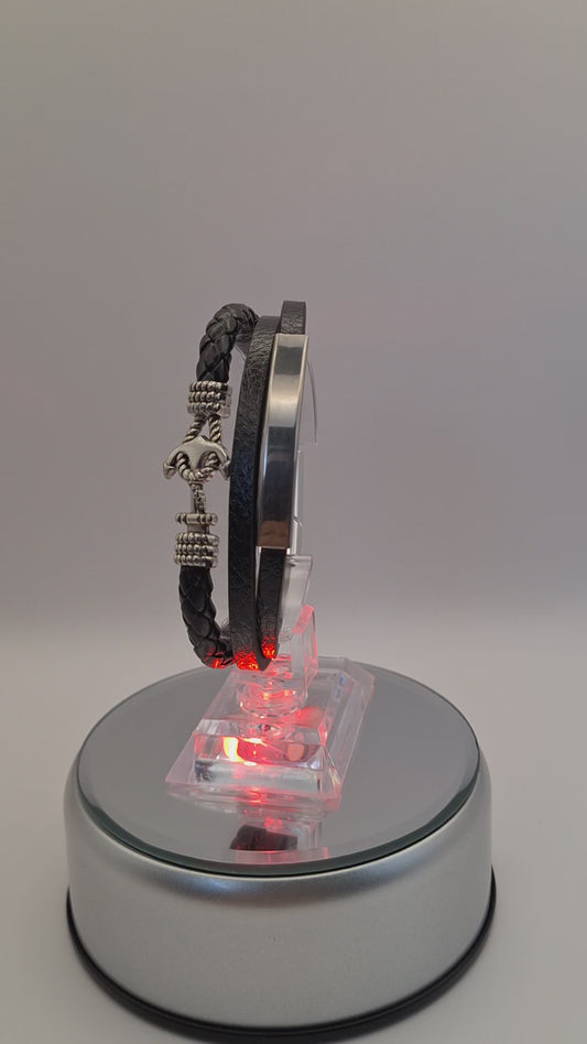Personalized 3 layer Leather Medical Information Wristband Black